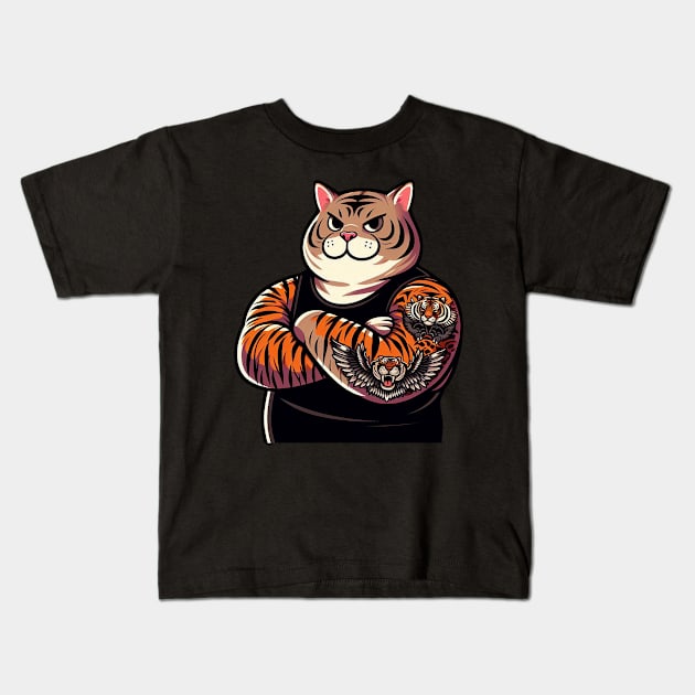 Chubby Tabby Cat with Cat Tattoo Kids T-Shirt by Plushism